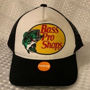 Bass Pro Shops black and white Youth cap. Adjustable snap back.